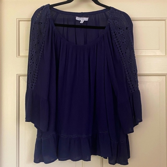 Bohemian Cotton Blouse Navy Blue Ruffle Hem Open Round Neck - Picture 4 of 8